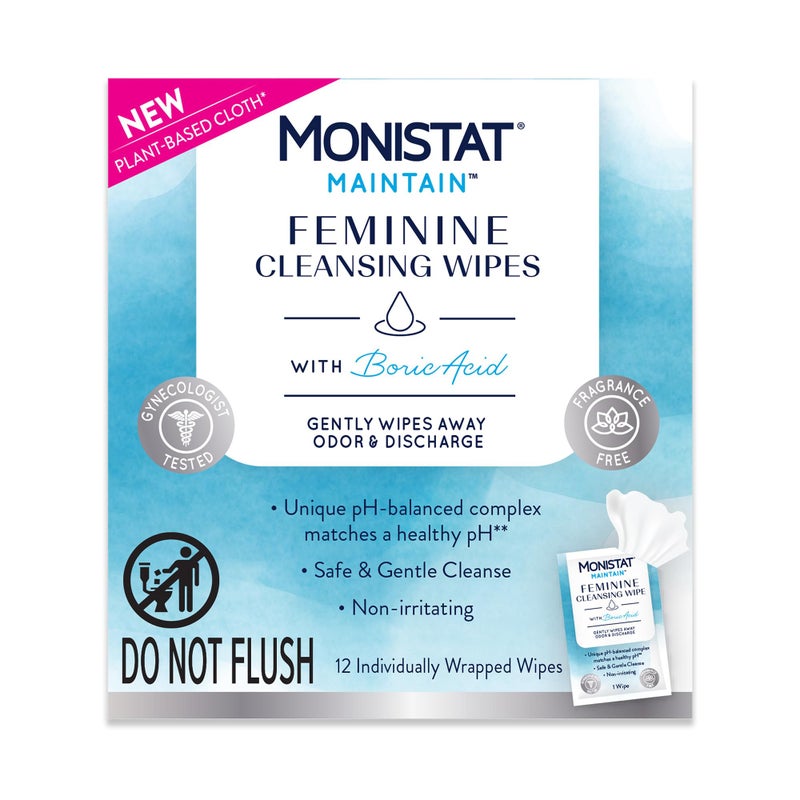 Monistat Maintain Feminine Wipes with Boric Acid for Feminine Care, Fragrance Free, 12 Ct - Image 1