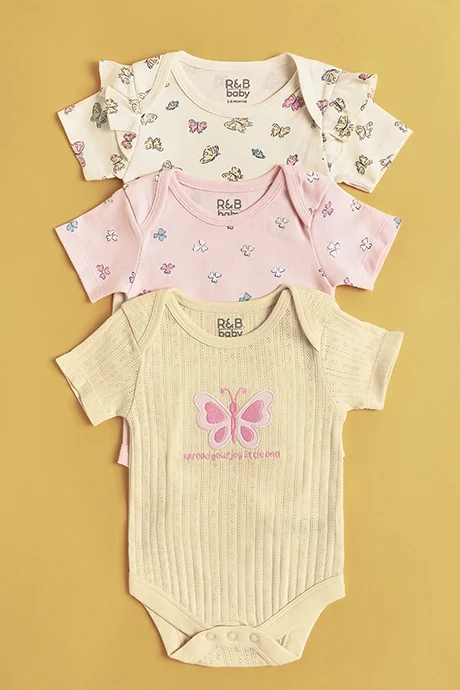 أر أند بي 3 Pack Embroidered Bodysuits with Short Sleeves