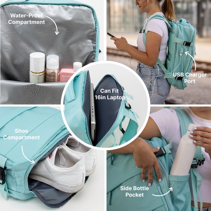 Carrywell (Not Made In China) Travel Backpack Airline Approved, Carry-On Underseat, Holds 15.6 or 16 Inch Laptop, Personal Item Bag with Shoe Compartment For Men Women, Mint 30l - Image 4