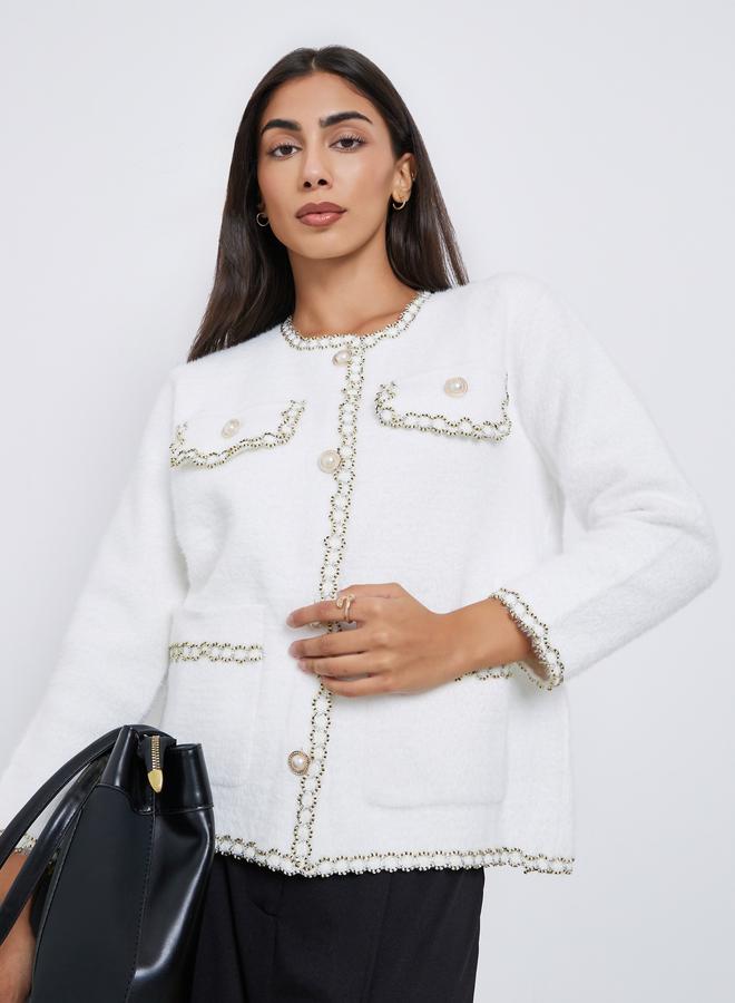 Styli White Furry Embellished Cardigan - Image 1