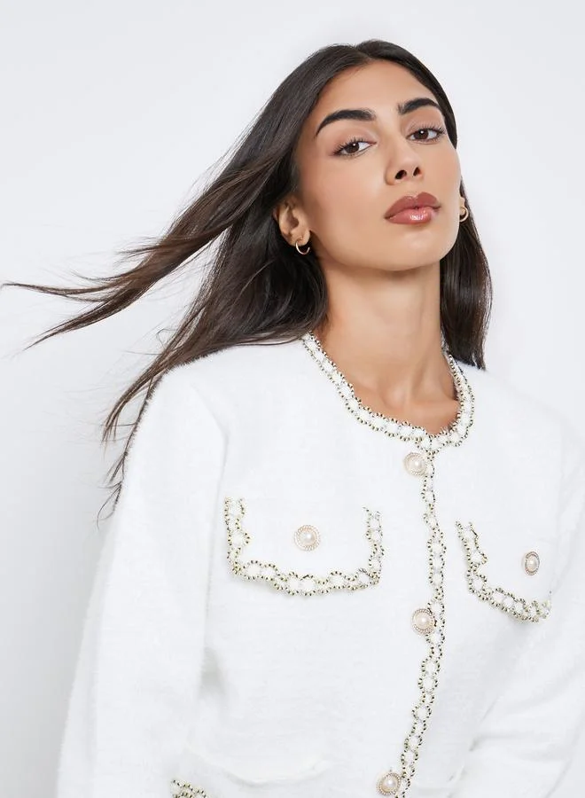 Styli Styli White Furry Embellished Cardigan