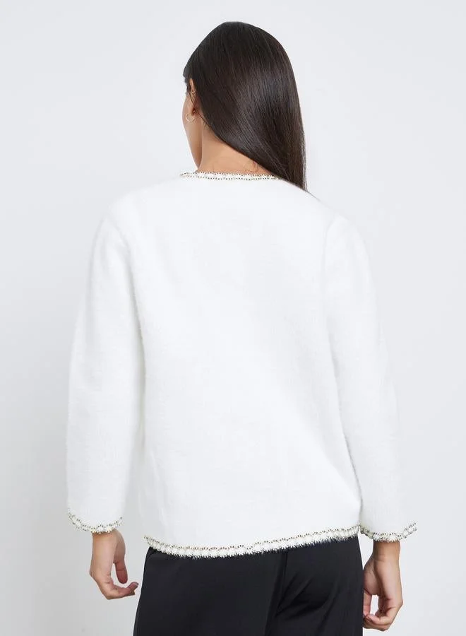 Styli Styli White Furry Embellished Cardigan