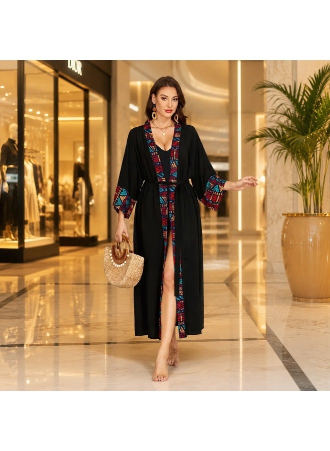 كيمونو نسائي طويل لغطاء الشاطئ، روب بوهيمي خفيف الوزن مفتوح من الأمام مع حزام - Image 2