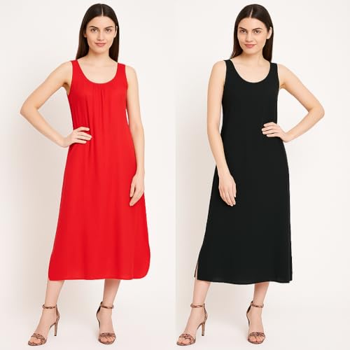 Garmend Women's Hosiery Cotton Full Length Camisole Long Inner Wear Slip-Kurti Petticoat Nighty Pack of 2 Pc (in, Alpha, XL, Regular, Red Black) - Image 2