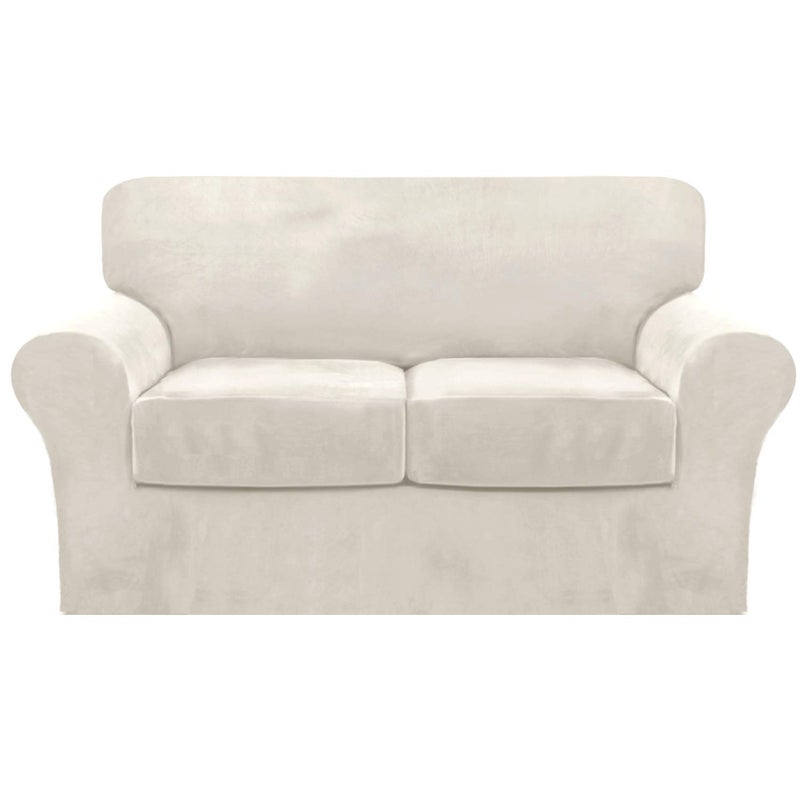 FantasDecor 3 Piece Sofa Covers Velvet for 2 Cushion Couch Stretch Loveseat Slipcover with Individual Seat Elastic Furniture Protector for Pets Loveseat Ivory