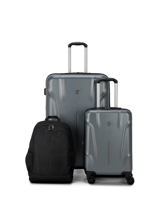 Wenger Ryon 3PC Hardside Luggage Set with Backpack – 81cm Large & 55cm Cabin Trolley, TSA Lock, Spinner Wheels, Lightweight – Shark
