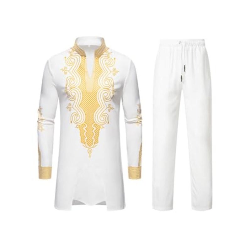 Styli Men White Foil Print Longline Top and Pants Co-Ords S White - Image 1
