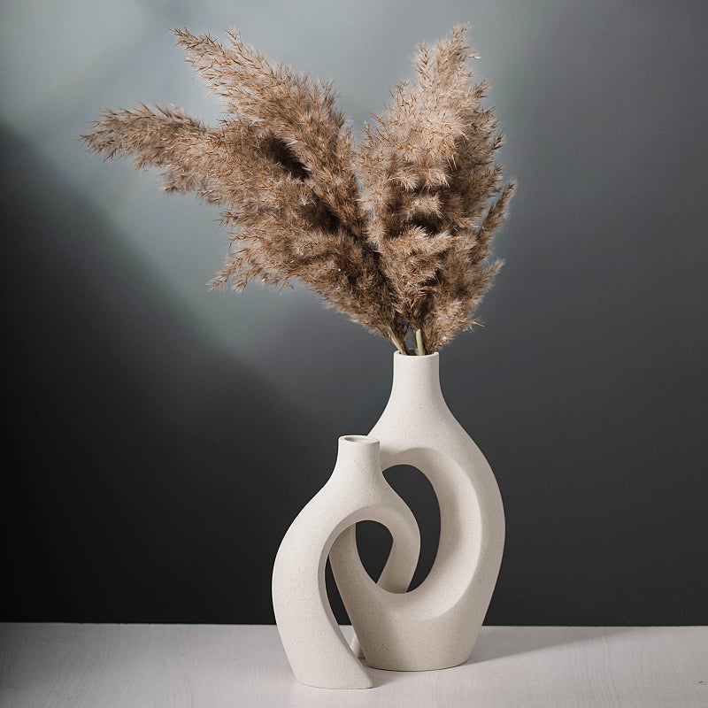 Liotww Extra Large Hollow Nordic Modern Ceramic Vases Set of 2 Milky White Aesthetic Round Donut Boho ins Style Flower Decorative Vase for Room Home Book Shelf Table Decor Matte W 85 X H 11