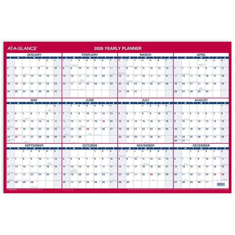 AT-A-GLANCE 2026 Erasable Calendar, Dry Erase Wall Planner, 36" x 24", Large, Vertical-Horizontal, Reversible (PM26B2826) - Image 1