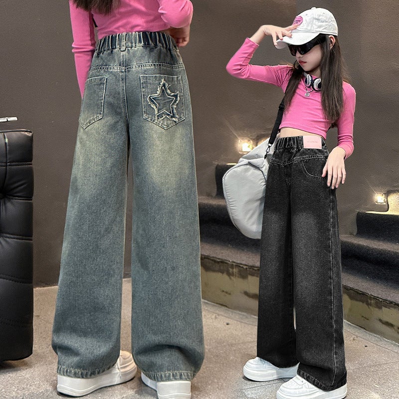 Girls' Pants Autumn Western Style Middle And Big Children Students Straight Leg Wide Leg Pants Children'S Jeans - Image 3