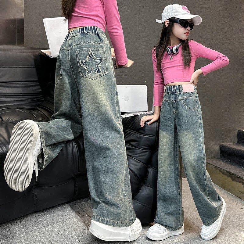 Girls' Pants Autumn Western Style Middle And Big Children Students Straight Leg Wide Leg Pants Children'S Jeans - Image 4