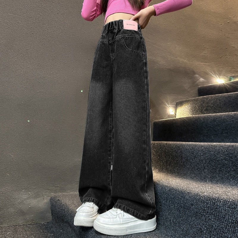 Girls' Pants Autumn Western Style Middle And Big Children Students Straight Leg Wide Leg Pants Children'S Jeans - Image 1