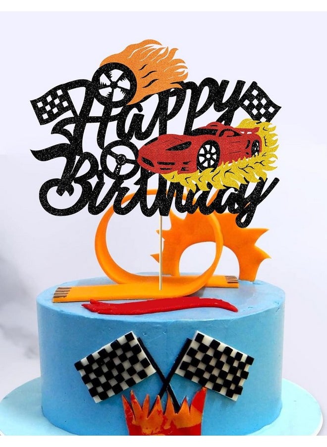 Confetti - Confetti! Flame Fire Car Cake Topper Race Cars Cake Decorations Glitter Red Hot Car Cake Toppers for Boys Girls Racing Car Theme Birthday Party Supplies for Kids Baby Shower - Image 1