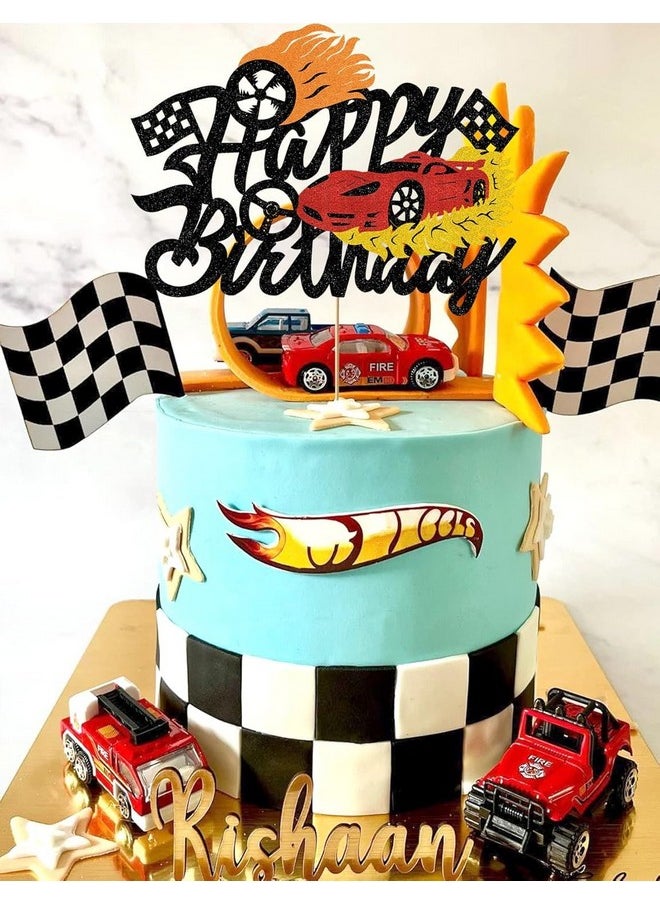 Confetti - Confetti! Flame Fire Car Cake Topper Race Cars Cake Decorations Glitter Red Hot Car Cake Toppers for Boys Girls Racing Car Theme Birthday Party Supplies for Kids Baby Shower - Image 1