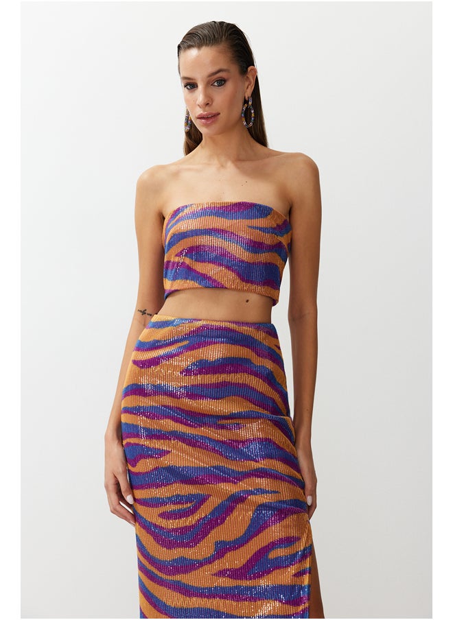 trendyol Multicolored Patterned Crop Lined Glitter Sequin Sequin Bustier TPRSS24BS00009  - Image 1