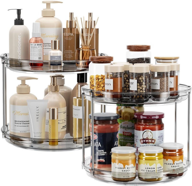 LAMU 2 Pack 2 Tier Lazy Susan Turntable Organizer 9.25'' Rotating Spice Rack Organization for Cabinet, Kitchen, Pantry, Countertop, Bathroom, Vanity, Medicine Cabinet Organizer, Grey - Image 1