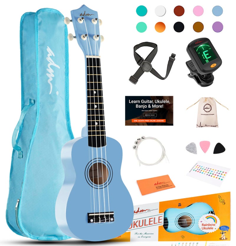 ADM Ukulele for Beginners Hawaiian Wood Ukelele Kit for Kids Adult Student Starter Professional Ukalelee Pack Bundle with Free Lessons Gig Bag Strap Nylon String Tuner Blue 21 Inch