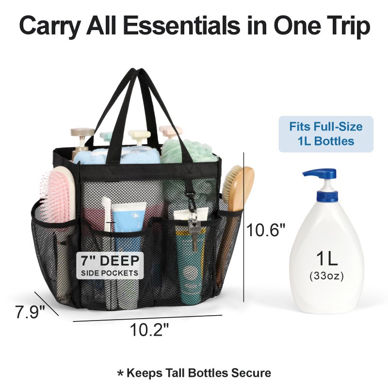 F-color Mesh Shower Caddy Portable, Upgrade Deeper 7 Pockets Shower Bag Basket Tote for College Dorm Room Toiletry Bathroom Essentials Gym Camp Quick Dry 2 handles with S Hook, Black - Image 2