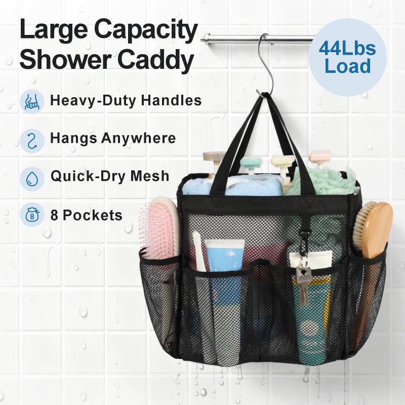 F-color Mesh Shower Caddy Portable, Upgrade Deeper 7 Pockets Shower Bag Basket Tote for College Dorm Room Toiletry Bathroom Essentials Gym Camp Quick Dry 2 handles with S Hook, Black - Image 3