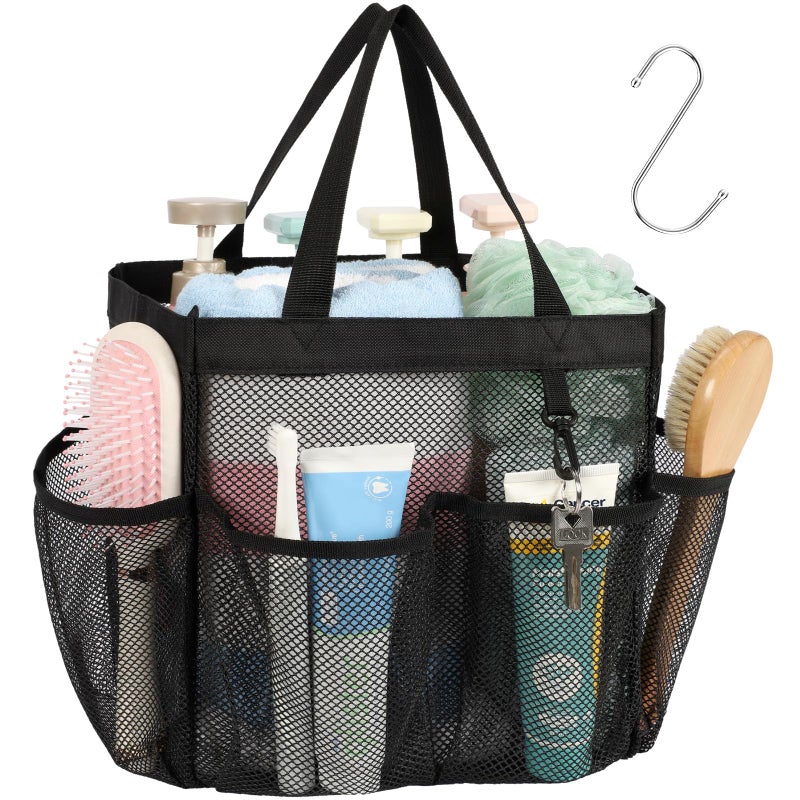 F-color Mesh Shower Caddy Portable, Upgrade Deeper 7 Pockets Shower Bag Basket Tote for College Dorm Room Toiletry Bathroom Essentials Gym Camp Quick Dry 2 handles with S Hook, Black - Image 1