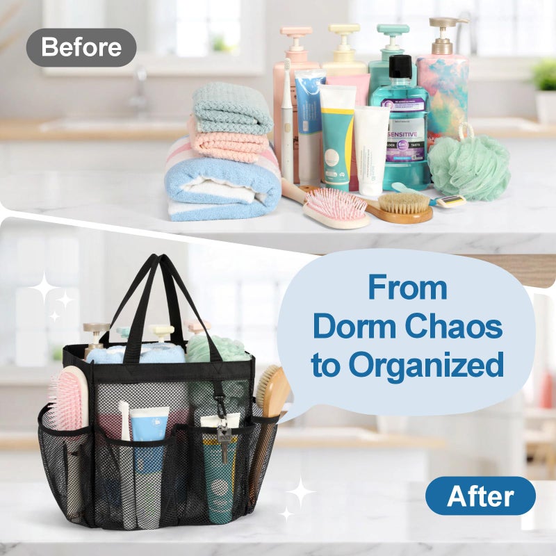 F-color Mesh Shower Caddy Portable, Upgrade Deeper 7 Pockets Shower Bag Basket Tote for College Dorm Room Toiletry Bathroom Essentials Gym Camp Quick Dry 2 handles with S Hook, Black - Image 4