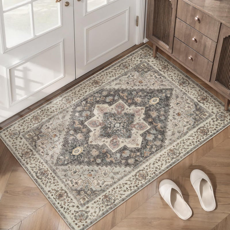 Tangsoo 2x3 Washable Rugs for Entryway Vintage Non Slip Small Area Rug Indoor Front Door Rug Door Mat Small Carpet Soft Low Pile Entry Rug for Entrance Kitchen Bedroom Print Distressed GreyMulti