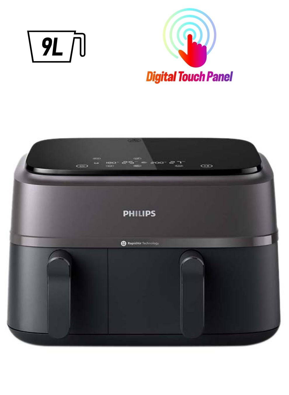 Dual Basket AirFryer XXL - 2 Basket Drawers, 8 Preset Functions, Touchscreen, 9 L 2750 W NA350/09 Black