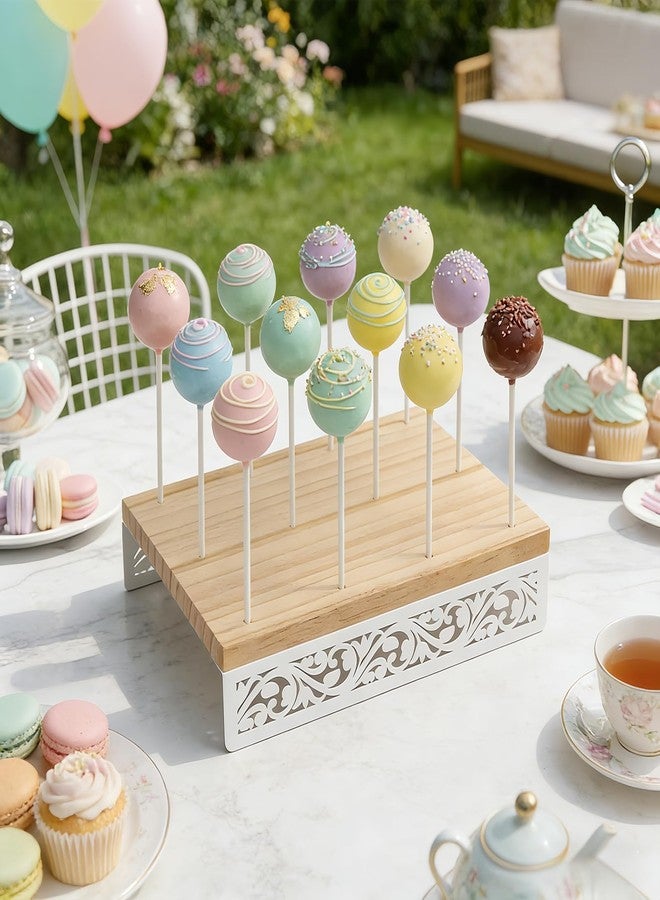 WOPARTY Decorative Wooden Cake Pop Stand with Metal Filigree Design, Natural Wood and White, 8.66x5.71x1.97 Inch, 12 Holes, Includes 50 Sticks, Perfect for Parties and Weddings - Image 4
