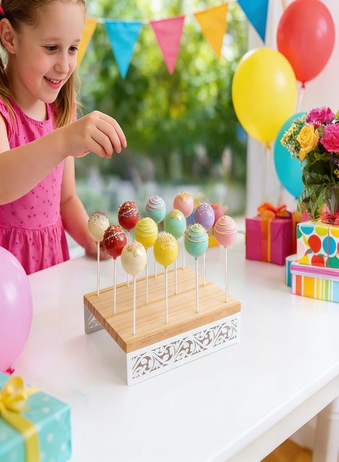 WOPARTY Decorative Wooden Cake Pop Stand with Metal Filigree Design, Natural Wood and White, 8.66x5.71x1.97 Inch, 12 Holes, Includes 50 Sticks, Perfect for Parties and Weddings - Image 3