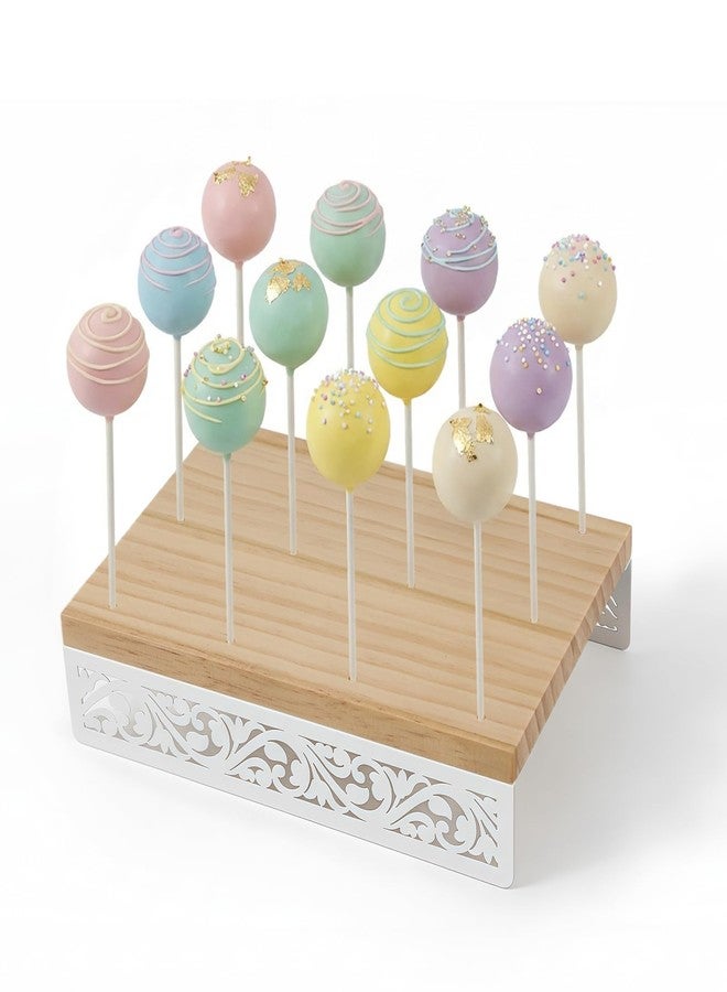 WOPARTY Decorative Wooden Cake Pop Stand with Metal Filigree Design, Natural Wood and White, 8.66x5.71x1.97 Inch, 12 Holes, Includes 50 Sticks, Perfect for Parties and Weddings - Image 1