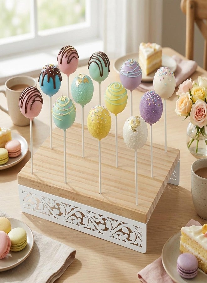 WOPARTY Decorative Wooden Cake Pop Stand with Metal Filigree Design, Natural Wood and White, 8.66x5.71x1.97 Inch, 12 Holes, Includes 50 Sticks, Perfect for Parties and Weddings - Image 2