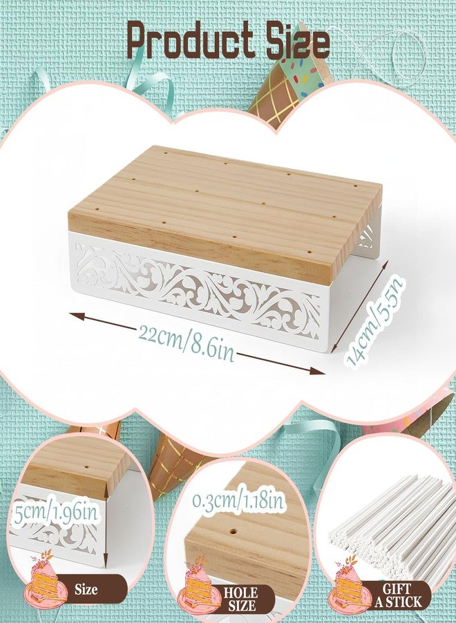 WOPARTY Decorative Wooden Cake Pop Stand with Metal Filigree Design, Natural Wood and White, 8.66x5.71x1.97 Inch, 12 Holes, Includes 50 Sticks, Perfect for Parties and Weddings - Image 5