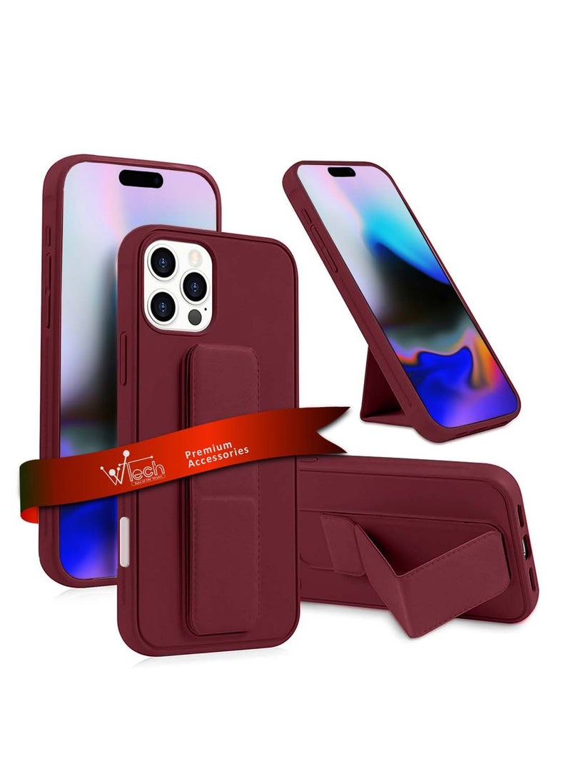 Wtech Apple iPhone 16 Pro 2024 Hand Grip Foldable Magnetic Kickstand Wrist Strap Finger Grip with Built-in Iron Case Cover - Maroon - Image 1