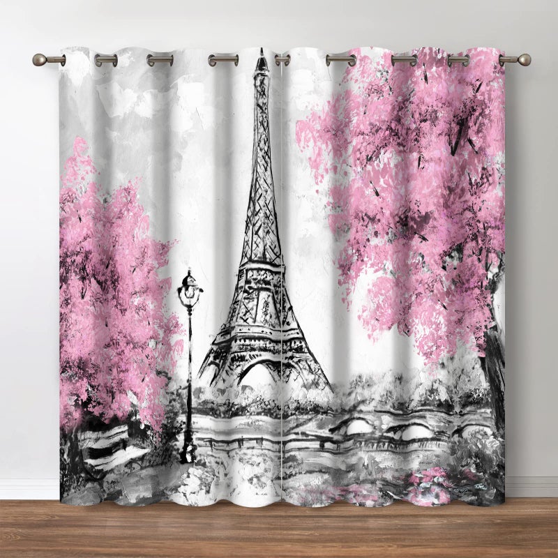 Jekeno Paris Eiffel Tower Blackout Curtains European City Scenery Pink Tree Black White Street Lights Print Decor Bedroom Living Room Darkening Grommet Window Drapes 2 Panel Set 52x 84