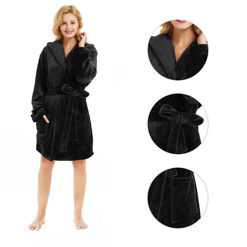 U2SKIIN Women Hooded Plush Robe, Short Womens Fleece Robes With Hood Soft Warm Spa Bathrobe Fluffy House Loungewear(Black, S/M) - Image 3