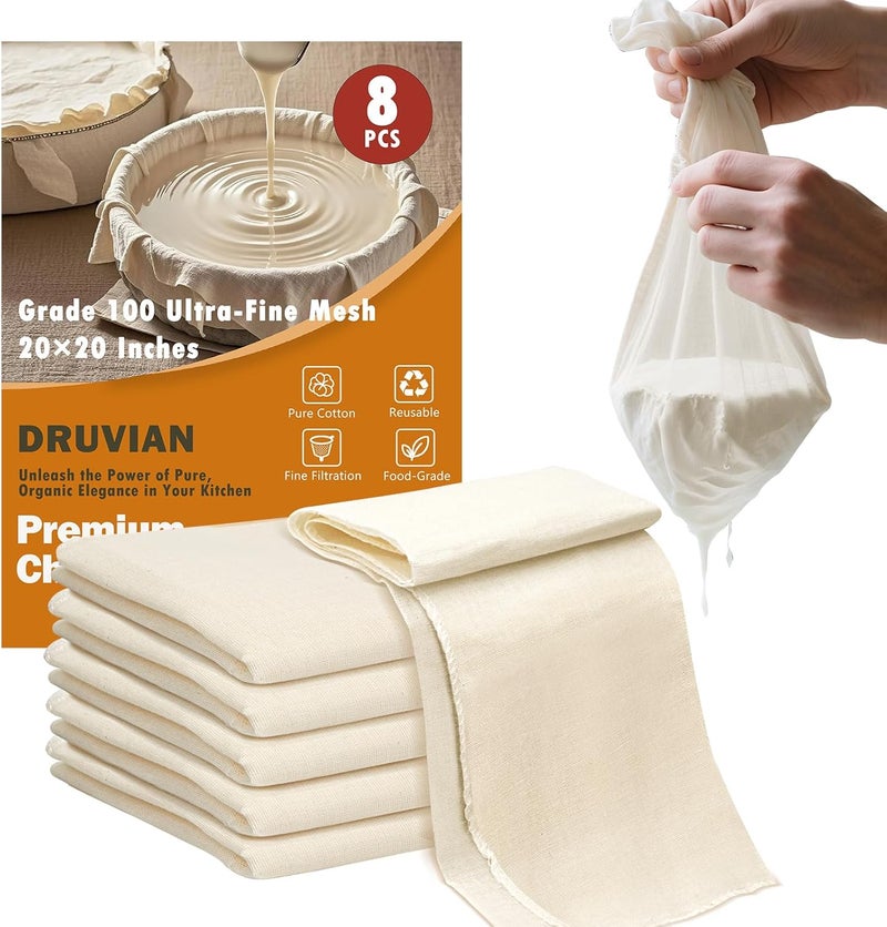 Druvian شاش عالي الجودة 100 - عبوة 8 قطع، ناعم وقوي 20x20 بوصة من القطن، حواف محكمة، قابل لإعادة الاستخدام للطهي، التصفية، وصنع الجبن - Image 1