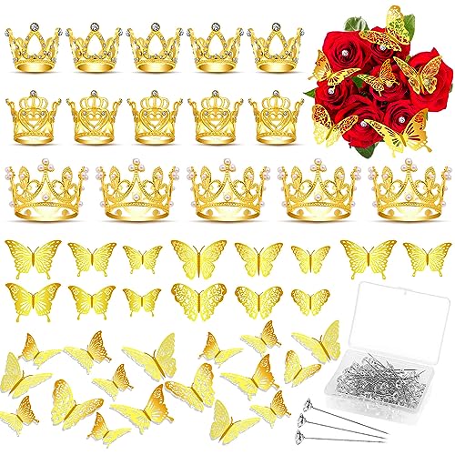 cridoz 163Pcs Flower Bouquet Accessories 15Pcs Mini Crowns with 48Pcs Gold 3D Butterfly Decorations and 100Pcs Corsage Boutonniere Pins for Flower Arrangements Small Crowns for Cake Topper - Image 1