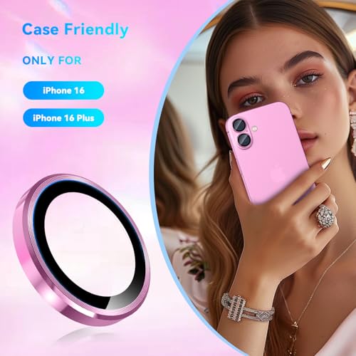 CloudValley for iPhone 16 /iPhone 16 Plus Camera Lens Protector, [1 Second Installaion] Ultra-HD Tempered Glass Cover, [Case-Friendly] Metal Lens Screen Protective Ring Accessories,Pink - Image 2