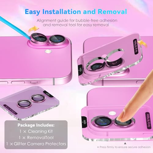 CloudValley for iPhone 16 /iPhone 16 Plus Camera Lens Protector, [1 Second Installaion] Ultra-HD Tempered Glass Cover, [Case-Friendly] Metal Lens Screen Protective Ring Accessories,Pink - Image 3