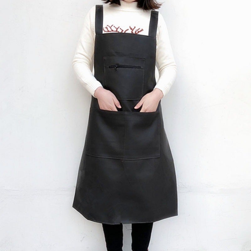 Korean Style Leather Apron Kitchen Splash-proof Water-proof Oil-proof Korean Style Fashion Vest Soft Leather Leather Apron for Men and Women Black Strap PU three pocket apron
