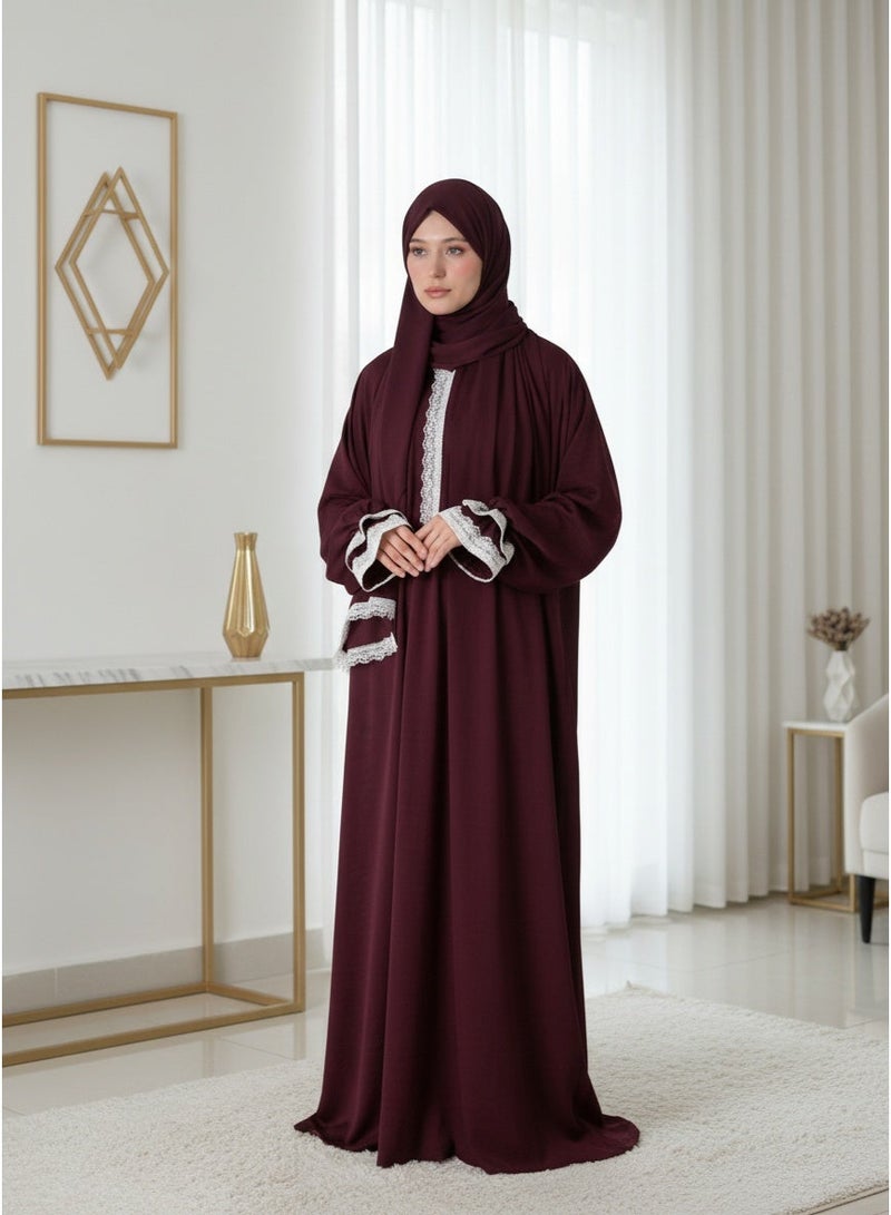 KESSAA Larin Women’s Premium Prayer Isdal – Luxury Silk-Cotton Full-Coverage Salah Dress with Integrated Head Scarf | Lightweight, Breathable, Modest Wear for Home, Travel & Mosque – Burgundy - Image 2