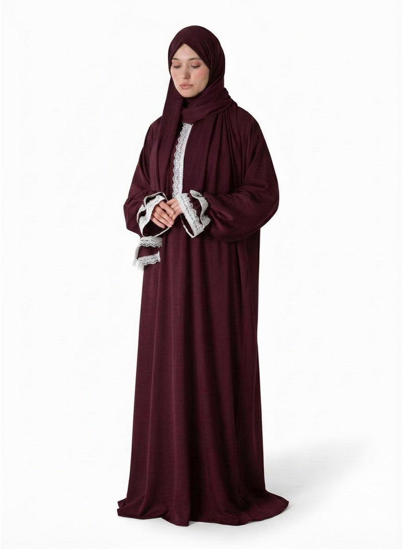 KESSAA Larin Women’s Premium Prayer Isdal – Luxury Silk-Cotton Full-Coverage Salah Dress with Integrated Head Scarf | Lightweight, Breathable, Modest Wear for Home, Travel & Mosque – Burgundy - Image 1
