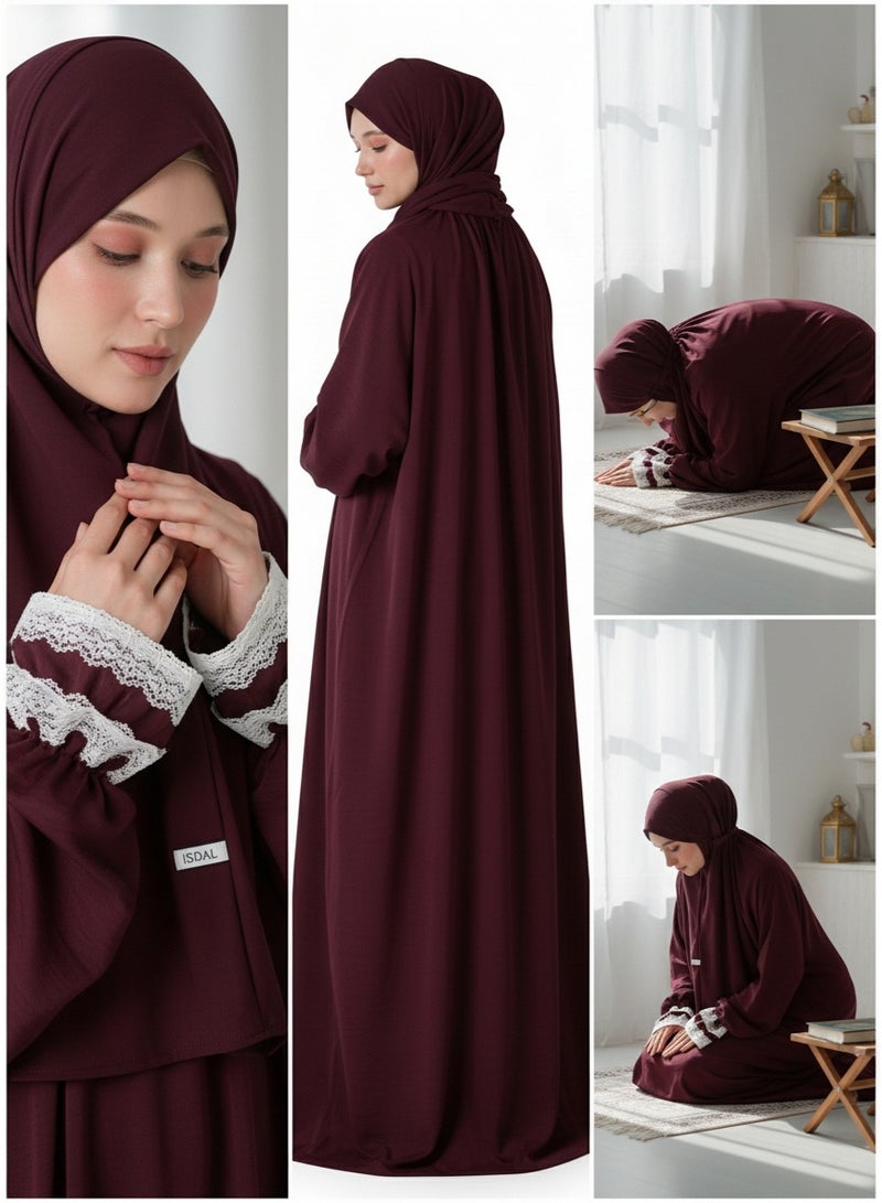 KESSAA Larin Women’s Premium Prayer Isdal – Luxury Silk-Cotton Full-Coverage Salah Dress with Integrated Head Scarf | Lightweight, Breathable, Modest Wear for Home, Travel & Mosque – Burgundy - Image 5