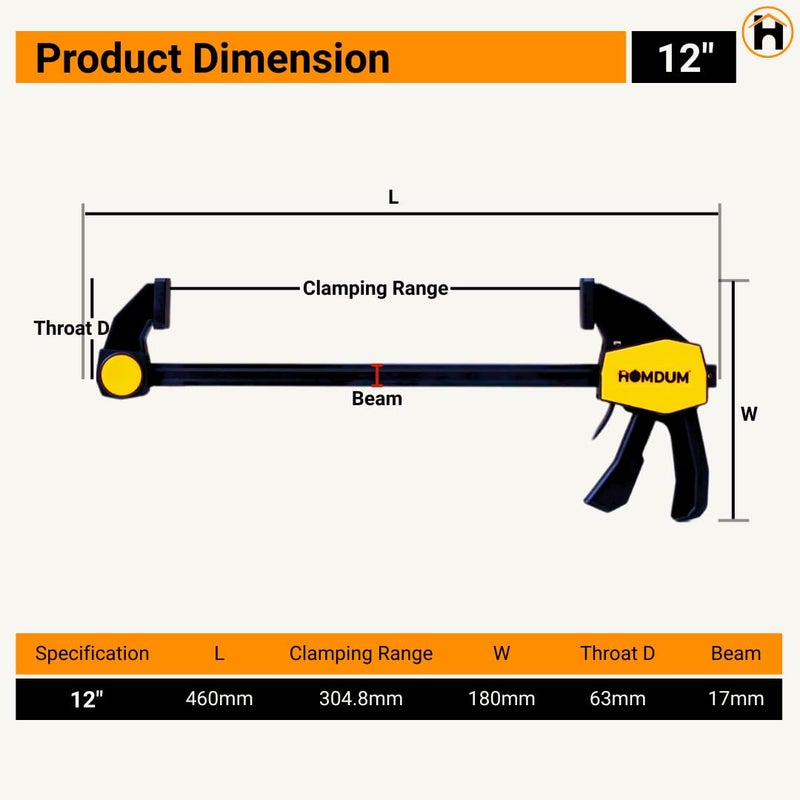 Homdum مشبك بار سريع 12 بوصة | مشبك من نوع F بيد واحدة | 150x 60 مم | موصل مشبك للمشاريع الأكبر | مقبض نايلون ومقبض مطاطي | محول بار سريع لمشاريع النجارة عبوة من 4 قطع - Image 5