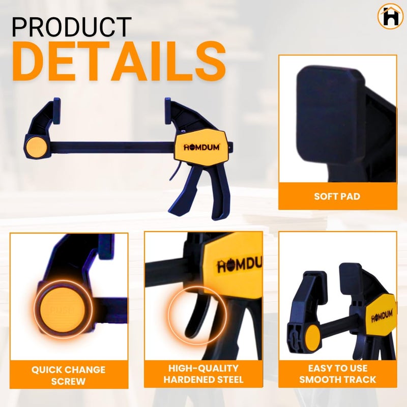 Homdum مشبك بار سريع 12 بوصة | مشبك من نوع F بيد واحدة | 150x 60 مم | موصل مشبك للمشاريع الأكبر | مقبض نايلون ومقبض مطاطي | محول بار سريع لمشاريع النجارة عبوة من 4 قطع - Image 4