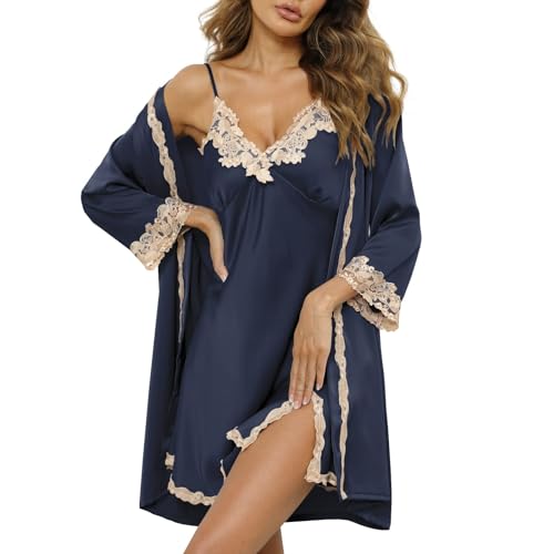 SAPJON Womens Pajama Sets 5PCS Silk Pajamas for women Cute Sleepwear Loungewear Satin Pajamas Sets for Women Soft Navy Blue - Image 2