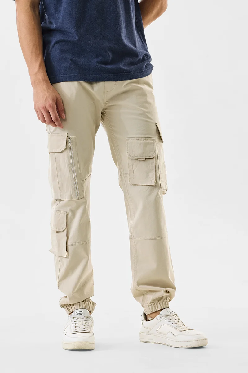 سنيتش Beige Solid Regular Fit Streetwear Cargo