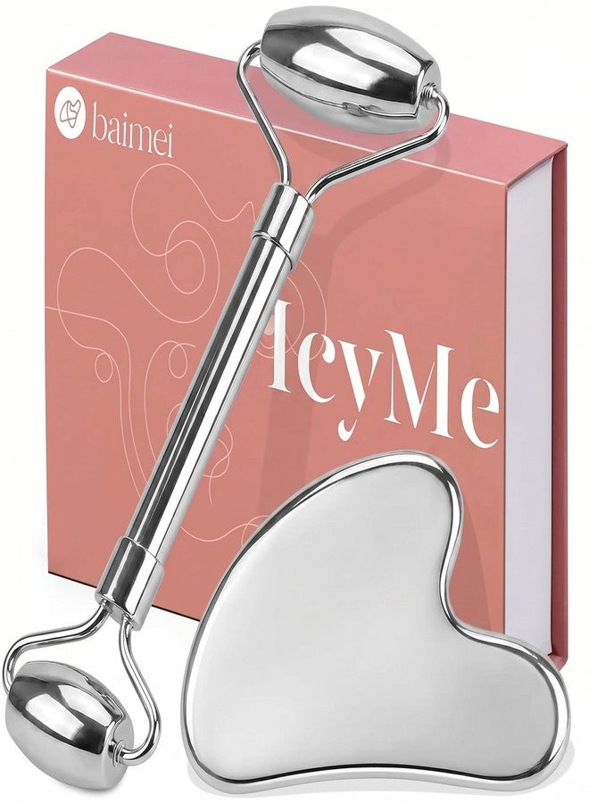 BAIMEI Stainless Steel Gua Sha & Face Roller Set, Facial Massage Tool for Face, Neck and Body, Cooling Metal Skin Care Tools for Depuffing Routine, Self Care Gift for Women - Image 1