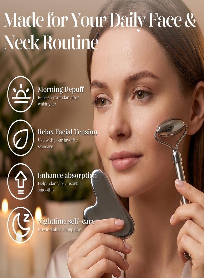 BAIMEI Stainless Steel Gua Sha & Face Roller Set, Facial Massage Tool for Face, Neck and Body, Cooling Metal Skin Care Tools for Depuffing Routine, Self Care Gift for Women - Image 3