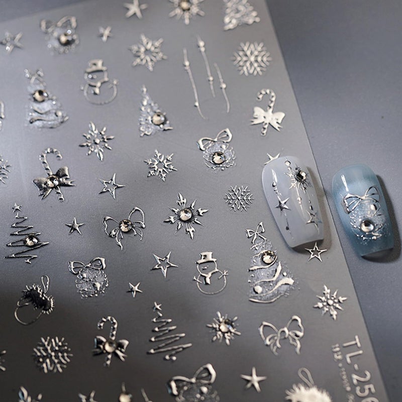 LYLYNB Christmas Nail Art Stickers Silver Xmas Nail Decals 5D Embossed Nail Design Christmas Tree Snowflake Nail Stickers Self Adhesive Nail Art Decals Winter Nail Supplies for Women Nail Decorations - Image 1